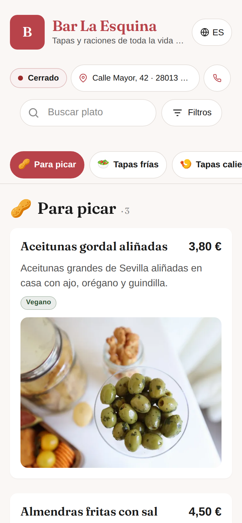 Una carta digital vista en el móvil, con sus platos, precios y alérgenos